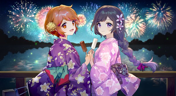 Anime picture 1500x818 with original ainy long hair looking at viewer blush short hair open mouth smile wide image standing purple eyes multiple girls purple hair cloud (clouds) outdoors braid (braids) traditional clothes :d japanese clothes hair flower