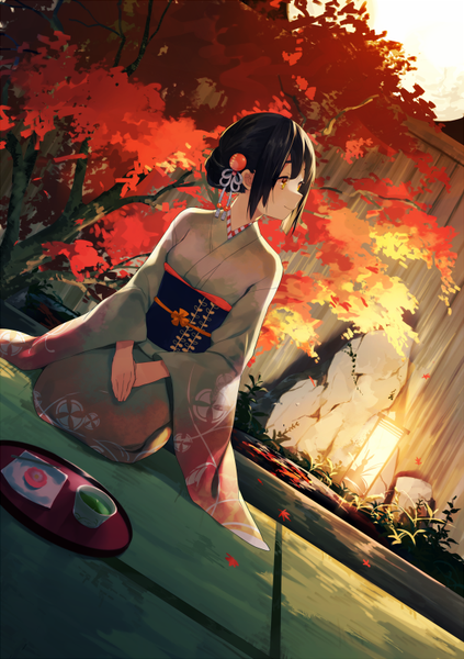 Anime picture 565x800 with original achiki single tall image short hair black hair yellow eyes looking away traditional clothes japanese clothes dutch angle girl hair ornament plant (plants) tree (trees) kimono leaf (leaves) obi wagashi