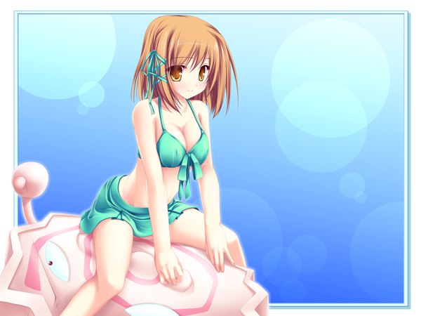 Anime picture 1920x1440 with magus tale whirlpool (studio) amagase koyuki tenmaso single looking at viewer blush highres short hair breasts light erotic smile brown hair sitting brown eyes game cg cleavage wallpaper girl ribbon (ribbons)