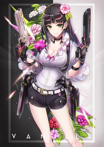 Anime picture 723x1023 with original t-track (artist) single long hair tall image looking at viewer fringe breasts black hair smile standing holding green eyes cleavage blunt bangs parted lips hair flower sunglasses on head dual wielding trigger discipline