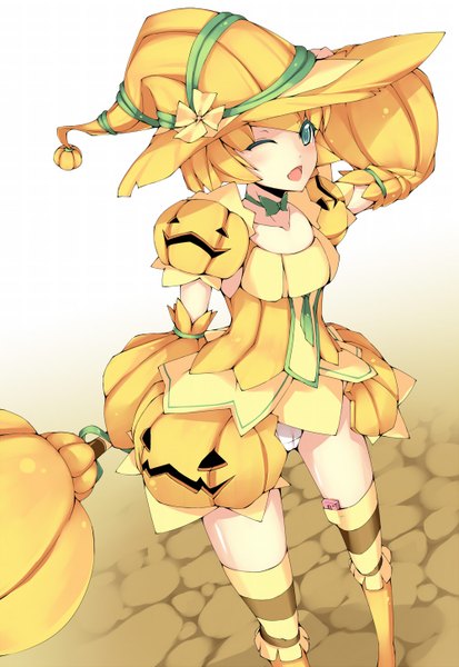 Anime picture 1000x1453 with monster hunter monster hunter (character) mosgharl (armor) dean single tall image blush short hair open mouth light erotic blonde hair one eye closed aqua eyes wink pantyshot halloween girl thighhighs dress hat