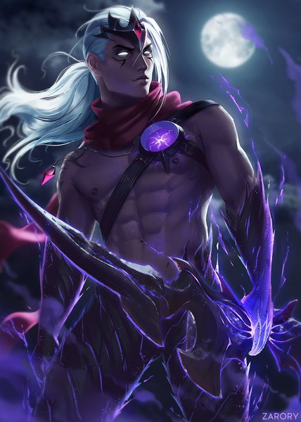 Anime picture 1000x1400 with league of legends varus (league of legends) zarory single long hair tall image bare shoulders holding signed looking away sky cloud (clouds) white hair ponytail wind realistic inscription night bare belly tattoo