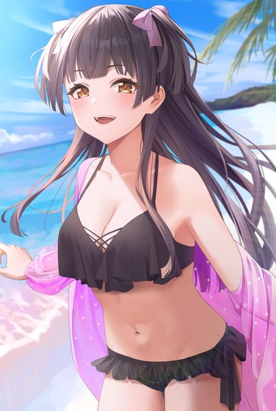 Anime picture 4134x6142 with idolmaster idolmaster shiny colors mayuzumi fuyuko fujizarashi single long hair tall image blush fringe highres breasts open mouth light erotic black hair brown eyes absurdres sky blunt bangs :d two side up