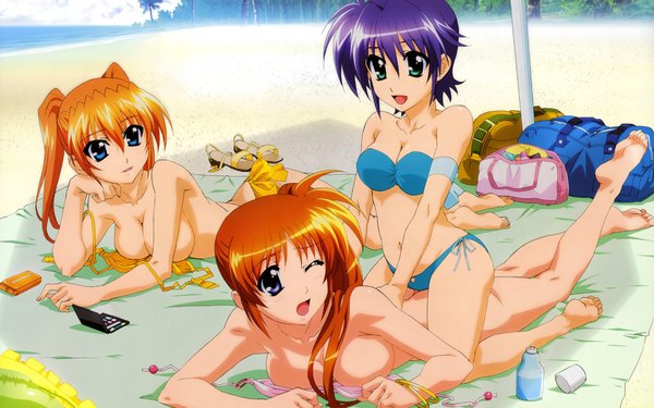 Anime picture 1920x1200 with mahou shoujo lyrical nanoha mahou shoujo lyrical nanoha strikers nyantype takamachi nanoha subaru nakajima teana lanster hashimoto takayoshi long hair highres short hair breasts open mouth blue eyes light erotic smile brown hair wide image twintails multiple girls green eyes