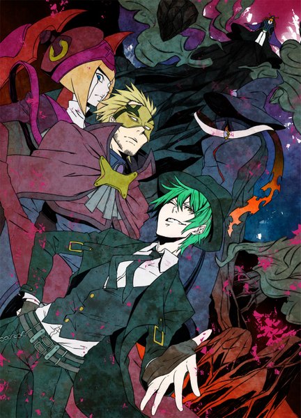 Anime picture 1081x1500 with blazblue blazblue: central fiction hazama konoe a mercury hades: izanami ignis clover relius clover tagme (artist) tall image short hair blue eyes blonde hair smile multiple girls yellow eyes one eye closed green hair wink multiple boys girl