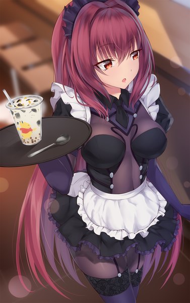 Anime picture 1600x2542 with fate (series) fate/grand order scathach (fate) (all) scathach (fate) feng mouren single tall image blush fringe breasts open mouth light erotic hair between eyes red eyes standing holding payot looking away purple hair very long hair