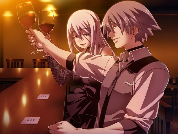 Anime picture 1024x768 with hotel (game) long hair short hair sitting purple eyes game cg grey hair couple girl dress boy wine glass