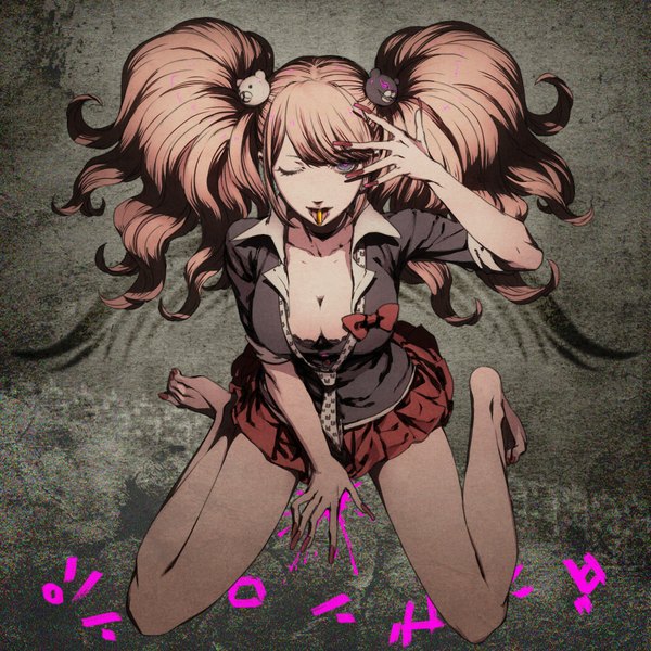 Anime picture 1000x1000 with dangan ronpa enoshima junko egawa satsuki single long hair looking at viewer fringe breasts light erotic pink hair full body nail polish barefoot fingernails from above multicolored eyes girl skirt hair ornament bow