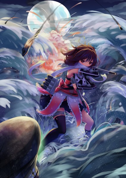 Anime picture 848x1200 with kantai collection sendai light cruiser sonikey0 0 tall image looking at viewer short hair brown hair standing brown eyes bent knee (knees) night night sky smoke girl thighhighs weapon black thighhighs water socks scarf