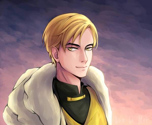 Anime picture 2785x2300 with king's maker wolfgang goldenleonard lon-li-mei single looking at viewer highres short hair blonde hair yellow eyes sky portrait boy