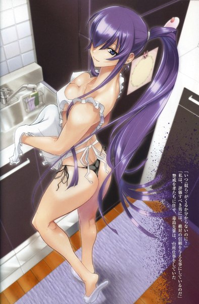 Anime picture 2626x4000 with highschool of the dead madhouse busujima saeko single long hair tall image looking at viewer highres breasts light erotic cleavage purple hair ass ponytail barefoot scan nearly naked apron girl underwear panties