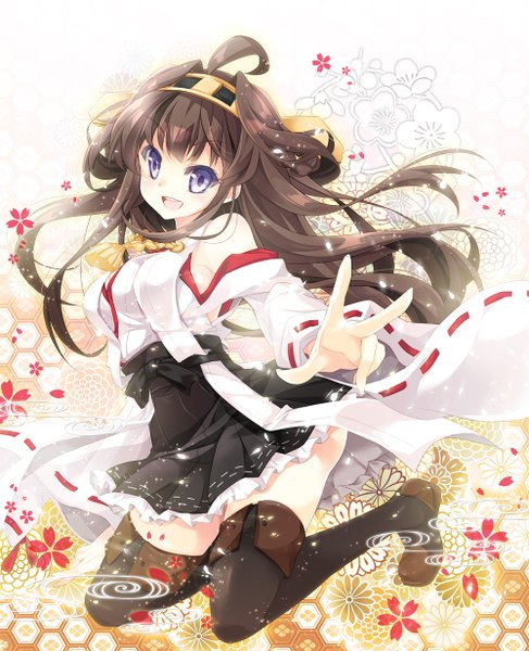 Anime picture 1000x1232 with kantai collection kongou battleship mocha (naturefour) single long hair tall image looking at viewer open mouth blue eyes black hair ahoge traditional clothes nontraditional miko girl hair ornament flower (flowers) detached sleeves petals thigh boots