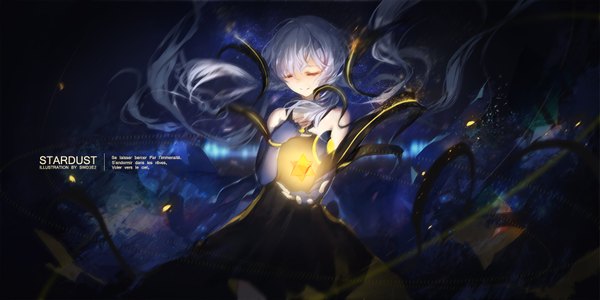 Anime picture 1913x957 with vocaloid xingchen swd3e2 single highres wide image white hair eyes closed very long hair dark background tress ribbon girl dress gloves ribbon (ribbons) hair ribbon fingerless gloves black dress