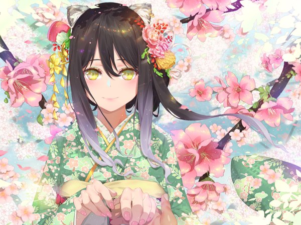 Anime picture 2000x1500 with princess connect! shiori (princess connect!) waterring long hair looking at viewer blush fringe highres black hair smile hair between eyes animal ears yellow eyes upper body nail polish traditional clothes japanese clothes hair flower fingernails cherry blossoms