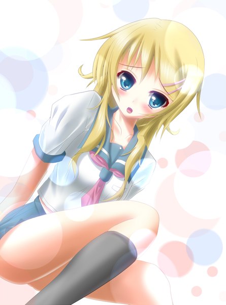 Anime picture 1240x1671 with ore no imouto ga konna ni kawaii wake ga nai kousaka kirino asahi (ge nyu) long hair tall image blush open mouth blue eyes blonde hair girl socks serafuku black socks