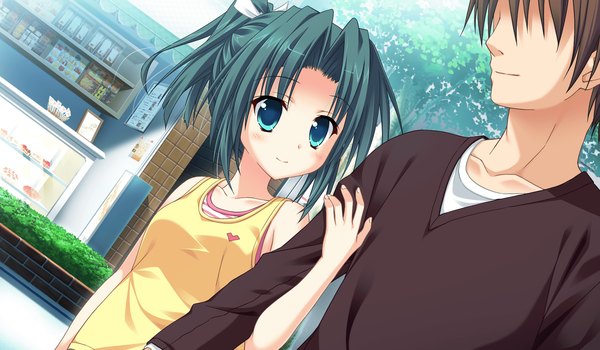 Anime picture 2053x1200 with princess evangile highres short hair blue eyes wide image game cg ponytail green hair girl boy
