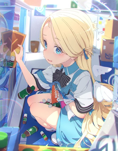 Anime picture 3169x4055 with blue archive sora (blue archive) ogipote single long hair tall image looking at viewer highres open mouth blue eyes blonde hair holding absurdres indoors short sleeves two side up depth of field squat angel wings angel's 24 uniform (blue archive)