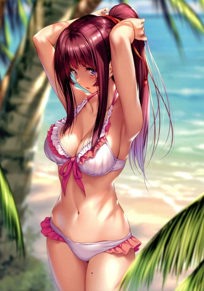 Anime picture 4240x6046 with hanikami kanojo shizuki neru piromizu single long hair tall image looking at viewer blush fringe highres breasts open mouth light erotic large breasts standing purple eyes payot absurdres sky cleavage