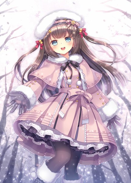 Anime picture 800x1112 with original capura lin single long hair tall image looking at viewer blush open mouth blue eyes brown hair two side up snowing winter snow bare tree girl gloves plant (plants) pantyhose tree (trees)