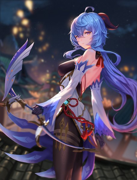 Anime picture 950x1250 with genshin impact ganyu (genshin impact) dongfangzhong111 single long hair tall image looking at viewer fringe breasts smile hair between eyes large breasts standing purple eyes holding blue hair ahoge outdoors traditional clothes horn (horns)