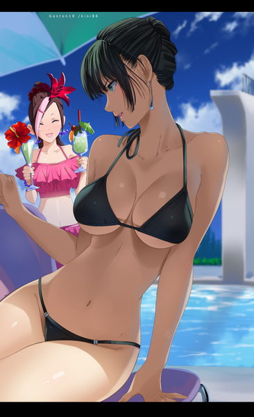 Anime picture 2656x4345 with one-punch man madhouse fubuki (one-punch man) sansetsukon no lily tongasart kisi86 tall image fringe highres short hair breasts light erotic black hair smile brown hair large breasts sitting multiple girls green eyes signed