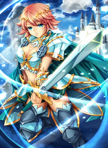 Anime picture 900x1237 with legend of minerva (game) lucidsky single tall image short hair blue eyes smile pink hair sky cloud (clouds) girl weapon sword armor cloak armored dress castle