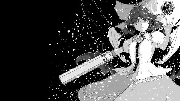 Аниме картинка 1920x1080 с touhou reiuji utsuho sunatoshi один (одна) длинные волосы смотрит на зрителя высокое разрешение простой фон улыбка широкое изображение искорки (блеск) обои на рабочий стол чёрный фон монохромное обводка рука-пушка девушка юбка оружие крылья