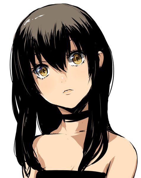 Anime picture 2968x3744 with baccano! chane laforet enami katsumi single long hair tall image looking at viewer fringe highres black hair simple background hair between eyes white background bare shoulders yellow eyes upper body head tilt lips sleeveless lipstick