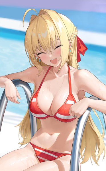 Anime picture 3111x5018 with fate (series) fate/grand order nero claudius (fate) (all) nero claudius (swimsuit caster) (fate) shenqi xiao hong zai nali single long hair tall image blush fringe highres breasts open mouth light erotic blonde hair smile hair between eyes sitting absurdres ahoge