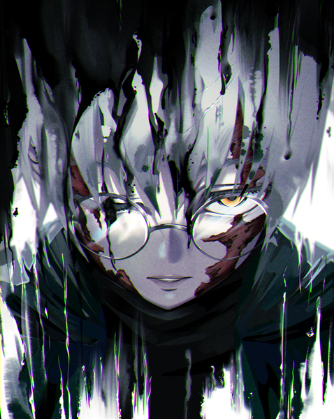 Anime picture 4065x5098 with jujutsu kaisen mappa zen'in maki natsume hinako single tall image highres short hair yellow eyes absurdres upper body parted lips one eye closed from above grey hair spoilers girl glasses