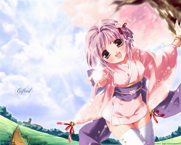 Anime picture 1280x1024 with kamiya maneki single looking at viewer blush fringe short hair standing brown eyes sky purple hair cloud (clouds) outdoors head tilt hair flower sunlight inscription happy outstretched hand girl flower (flowers)