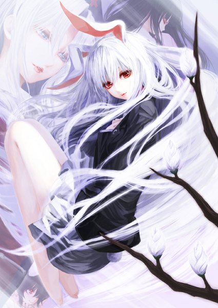 Anime picture 708x1000 with touhou reisen udongein inaba houraisan kaguya inaba tewi yagokoro eirin iseki (kuroshura no tabiji) long hair tall image looking at viewer short hair blue eyes black hair red eyes multiple girls animal ears white hair tail eyes closed animal tail barefoot