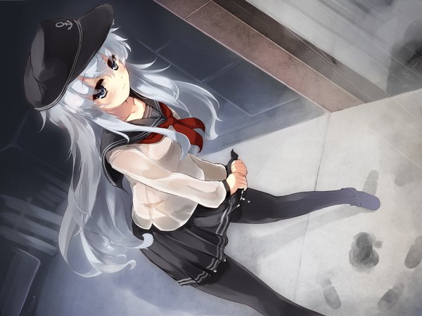 Anime picture 1600x1200 with kantai collection hibiki destroyer gengetsu chihiro single long hair looking at viewer blush silver hair grey eyes dutch angle wallpaper wet clothes wringing clothes girl thighhighs skirt black thighhighs miniskirt flat cap anchor symbol