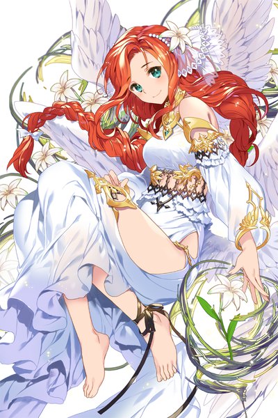 Anime-Bild 666x1000 mit soccer spirits empew single long hair tall image looking at viewer blush fringe breasts light erotic simple background smile white background bent knee (knees) red hair braid (braids) barefoot hair flower aqua eyes wide sleeves