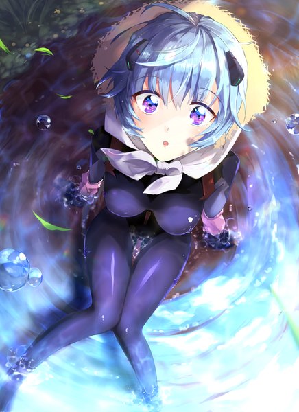 Anime picture 3000x4129 with neon genesis evangelion rebuild of evangelion evangelion: 3.0+1.0 thrice upon a time gainax ayanami rei mujirenshu single tall image looking at viewer blush fringe highres short hair breasts light erotic sitting purple eyes blue hair full body ahoge