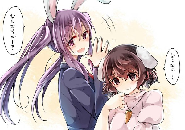 Anime picture 1000x708 with touhou reisen udongein inaba inaba tewi mimoto (aszxdfcv) long hair blush short hair open mouth simple background brown hair purple eyes twintails multiple girls brown eyes animal ears purple hair bunny ears embarrassed alternate hairstyle girl