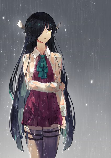 Anime picture 2480x3508 with kantai collection hayashimo destroyer tsubasa19900920 single long hair tall image fringe highres black hair yellow eyes looking away hair over one eye rain wet clothes girl thighhighs uniform school uniform