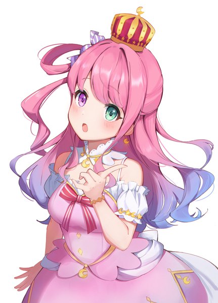 Anime picture 2330x3242 with virtual youtuber hololive himemori luna himemori luna (1st costume) shyi single long hair tall image blush highres open mouth simple background white background pink hair :o heterochromia one side up girl dress earrings