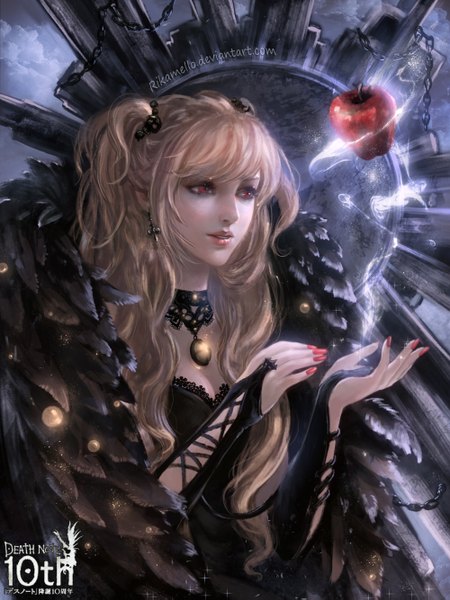 Anime picture 2000x2669 with death note madhouse amane misa rikamello single long hair tall image fringe highres blonde hair red eyes twintails nail polish realistic inscription magic black wings red nail polish girl dress