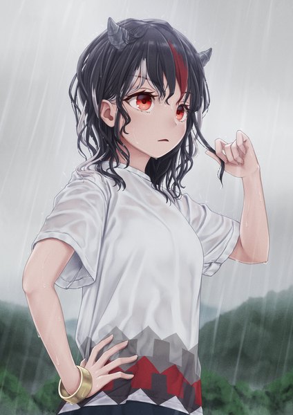 Anime picture 868x1228 with touhou kijin seija torinari (dtvisu) single tall image blush fringe short hair black hair hair between eyes red eyes standing sky upper body outdoors parted lips multicolored hair horn (horns) wet streaked hair