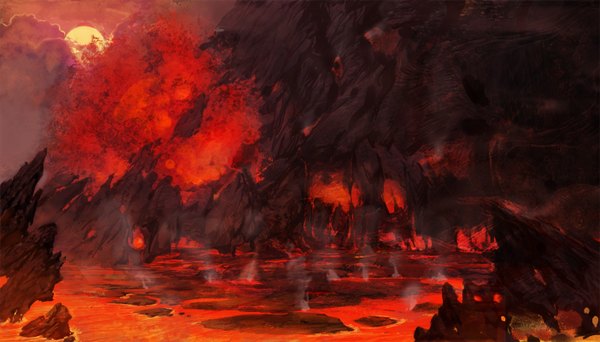 Anime picture 1403x800 with original hao & su wide image cloud (clouds) landscape rock lava full moon molten rock