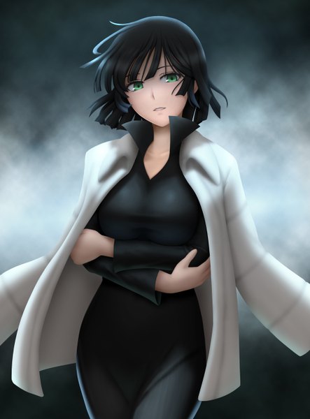 Anime picture 960x1300 with one-punch man madhouse fubuki (one-punch man) siraha single tall image looking at viewer short hair black hair green eyes dark background girl dress