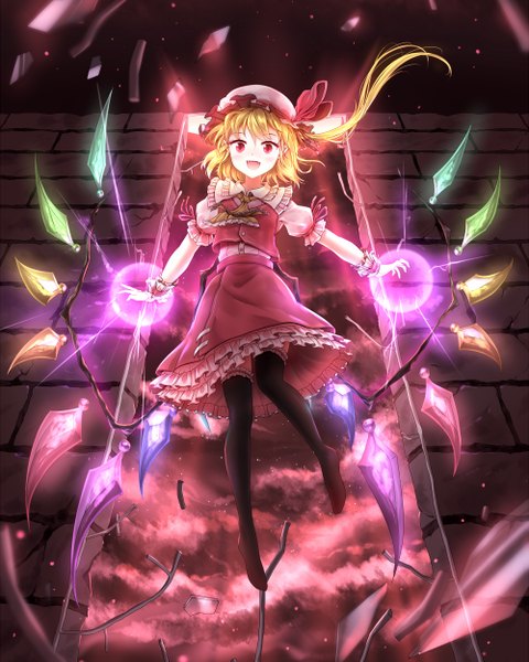 Anime-Bild 1000x1250 mit touhou flandre scarlet minust single long hair tall image looking at viewer blush fringe open mouth blonde hair smile hair between eyes red eyes full body :d from below short sleeves fang (fangs) no shoes