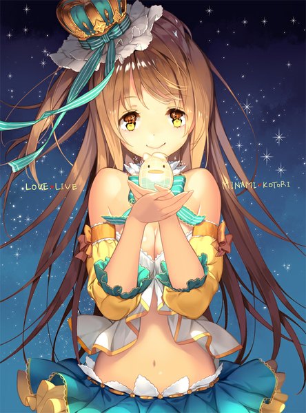 Anime picture 673x909 with love live! school idol project sunrise (studio) love live! minami kotori rozer long hair tall image fringe smile brown hair standing bare shoulders yellow eyes bare belly copyright name character names one side up bird on hand girl navel