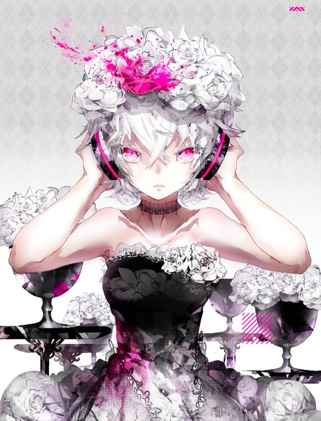 Anime picture 940x1232 with original rooseputo 02 single tall image looking at viewer fringe short hair standing bare shoulders white hair pink eyes hair flower rhombus hand on headphones girl dress hair ornament flower (flowers) headphones black dress