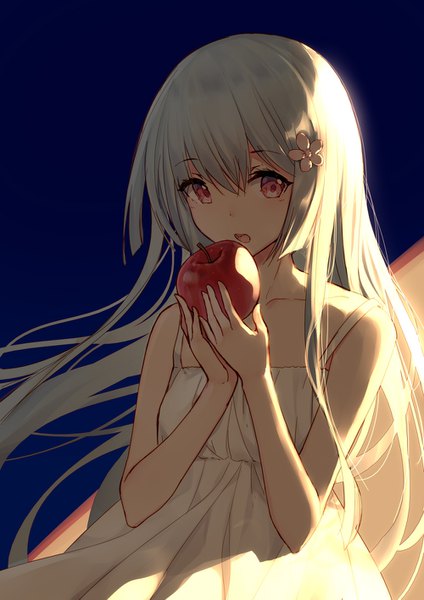Anime picture 1000x1415 with original bison cangshu single long hair tall image looking at viewer blush fringe open mouth simple background hair between eyes red eyes standing holding payot hair flower grey hair sleeveless floating hair light