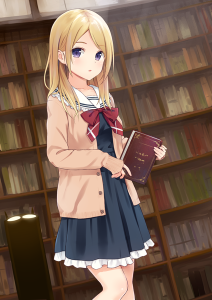 Anime picture 1450x2050 with original n.g. single long hair tall image looking at viewer blush fringe open mouth blonde hair standing purple eyes holding payot bent knee (knees) indoors long sleeves open clothes :o dutch angle