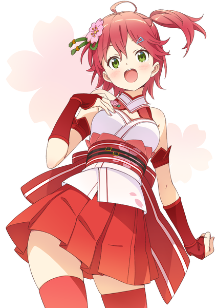 Anime picture 955x1351 with virtual youtuber hololive sakura miko sakura miko (old design) kanzaki hiro single tall image looking at viewer blush fringe short hair hair between eyes green eyes ahoge red hair pleated skirt hair flower :o from below one side up