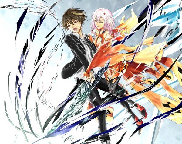 Anime picture 1520x1200 with guilty crown production i.g yuzuriha inori ouma shu long hair short hair open mouth red eyes brown hair pink hair girl boy uniform hair ornament weapon school uniform detached sleeves hairclip bodysuit