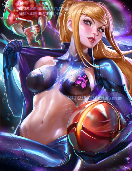 Anime picture 695x900 with metroid samus aran metroid (creature) sakimichan single long hair tall image blush fringe blue eyes light erotic blonde hair holding signed payot looking away ponytail parted lips lips realistic